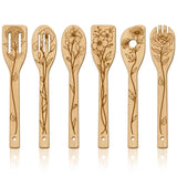 6Pcs Bamboo Spoons & Knifes & Forks, Flatware for Dessert, Flower, 60x300mm, 6 style, 1pc/style, 6pcs/set