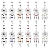 12Pcs 6 Styles Natural Mixed Gemstone Chip Big Pendants, Alloy Woven Web/Net with Feather Charms, Antique Silver, 94x28mm, Hole: 1mm, 2pcs/style