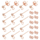 30Pcs 304 Stainless Steel Ball Stud Earring Post, Earring Findings, with Loop and Ear Nuts, Round, Rose Gold, 14x3mm, Hole: 2mm, Pin: 0.8mm