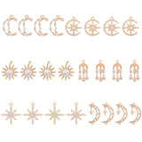 24Pcs 6 Styles Brass Micro Pave Cubic Zirconia Pendants, Star & Sun & Moon, Long-Lasting Plated, Light Gold, Clear, 17.5~25x10.5~18x2~4.5mm, Hole: 1~1.8mm, 4pcs/style