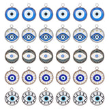 30Pcs Luminous Glass Pendants, with 304 Stainless Steel Findings, Flat Round with Evil Eye Pattern, Stainless Steel Color, 18.5x15.5x5mm, Hole: 1.6mm