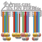 Fashion Iron Medal Hanger Holder Display Wall Rack, 3 Lines, with Screws, Word This Girl Is On Fire, Running Pattern, 150x400mm, Hole: 5mm