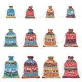 12Pcs 12 Styles Bohemian Rectangle Geometric Print Linenette Drawstring Bags, Ethnic Style Pouches, Mixed Color, 9~18x7~13cm, 1pc/style