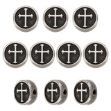 10Pcs 304 Stainless Steel Beads, Flat Round with Cross, Antique Silver, 11x4.5mm, Hole: 2mm