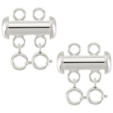 925 Sterling Silver Slide Lock Clasps, 2-Strand, 4-Hole, with Double Spring Ring Clasps, Silver, 17x19.5mm, 2pcs/set