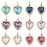 12Pcs 6 Colors Brass Micro Pave Cubic Zirconia Charms, Heart, Golden, Mixed Color, 12.5x10x6.5mm, Hole: 3.6mm, 2pcs/color