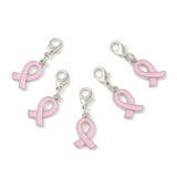 October Breast Cancer Pink Awareness Ribbon, with Angel Wing Alloy Enamel Pendants, with Rhinestone and Alloy Lobster Claw Clasps, Pearl Pink, 32mm