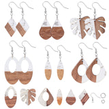 DIY Dangle Earring Making Kits, Including Transparent Resin & Walnut Wood Pendants, Brass Earring Hooks and Iron Jump Rings, Mixed Shapes, Silver, Pendants: 12pcs/box