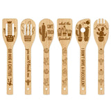 6Pcs Bamboo Spoons & Knifes & Forks, Flatware for Dessert, Cactus Pattern, 60x300mm, 6 style, 1pc/style, 6pcs/set