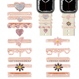 15Pcs 15 Style Heart & Flower & Word & Butterfly Crystal Rhinestone Watch Band Charms Set, Alloy Watch Band Decorative Ring Loops, Rose Gold, 2~2.45x0.3~1.1x0.6~0.7cm, 1Pc/style