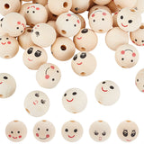 40Pcs 5 Styles Printed Wood European Beads, Large Hole Round Bead with Smiling Face Pattern, Undyed, Mixed Color, 24.5~25x22.5~23.5mm, Hole: 4.7mm, 8pcs/style