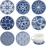 8Pcs 8 Style Silicone Cup Mats, Coaster, Flat Round, Midnight Blue, Mixed Patterns, 96x3mm, 1pc/sytle