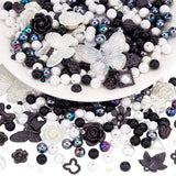 DIY Jewelry Making Finding Kit, Including Resin Cabochons and Beads, Acrylic Beads, Flower & Butterfly & Ring & Half Round, Black and White, 4~30x4~41x2~9mm, Hole: 1.4~2.5mm