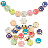 Brass Enamel Beads, Real 18K Gold Plated, Flat Round with Moon Pattern, Mixed Color, 10x3.5mm, Hole: 1.6mm, 20pcs/box