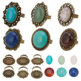 DIY Gemstone Finger Ring Making Kit, Including Natural & Synthetic Mixed Stone Cabochons, Flower & Oval & Flat Round Adjustable Alloy Ring Settings, Antique Bronze, 12Pcs/bag