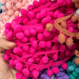 Polyester Ribbons, with Pom Pom Balls, Garment Accessory, Fuchsia, 3/4~1 inch(20~25mm), about 5.47~6.56 Yards(5~6m)/Roll