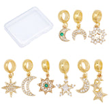 9Pcs 9 Style Brass Cubic Zirconia European Dangle Charms, Largr Hole Pendants, Long-Lasting Plated, Moon and Star, Real 18K Gold Plated, 1pc/style