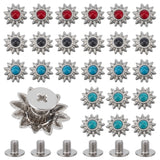 24 Sets 4 Colors Zinc Alloy Buttons, with Synthetic Turquoise and Iron Screws, for Purse, Bags, Leather Crafts Decoration, Chrysanthemum, Mixed Color, 13x6mm, Hole: 2.5mm, 6 sets/color