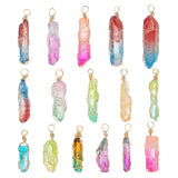 16Pcs Natural Dyed Quartz Bead Pendants, Bullet Charms, with Eco-Friendly Copper Wire Wrapped, Two Tone, Mixed Color, Real 18K Gold Plated, 31~50x6~12x5~12mm, Hole: 4~4.5mm