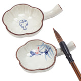2Pcs 2 Styles Ceramics Ink Plate with Handle, Porcelain Brush Holder, for Calligraphy Lovers, Flower Shape, Plant & Animal Pattern, 116x76x25mm, 1pc/style