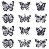 12Pcs 6 Style Halloween Alloy Enamel Pendants, Butterfly with Skull Charm, Platinum, Black, 19~23x28~30x1mm, Hole: 2mm, 2pcs/style