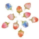 Handmade Dried Flower Pendants, Covered with Clear Epoxy Resin, with Brass Peg Bails and Glass Micro Beads, Bud, Golden, Mixed Color, 14~15x9~10x9~10mm, Hole: 1.2mm, 10pcs/box