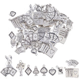 72Pcs 9 Styles Tibetan Style Alloy Pendants, Playing Card Charm, Antique Silver, 14.5~47x6.5~34x6.5mm, Hole: 1.5~2.8mm, 8pcs/style