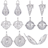 10Pcs 5 Styles Filigree Brass Cage Pendants, For Chime Ball Pendant Necklaces Making, Mixed Shapes, Platinum, 39~28x23.5~34x17.5~24mm, Hole: 3~9x3.5~7mm, Inner Measure: 20.5~27mm, 2pcs/style