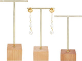 Iron Earring Display Stands, with Wooden Base, Square, Golden, 40x70x114mm