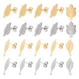 40Pcs 4 Style 304 Stainless Steel Stud Earring Findings, with Horizontal Loops and Ear Nuts/Earring Backs, Leaf, Golden & Stainless Steel Color, 17~19x8~10.5mm, Hole: 1~1.2mm, Pin: 0.7mm, 10Pcs/style