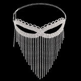 Iron Headwear Masquerade Masks, Crystal Rhinestone Tassel Eye Mask, with Lobster Claw Clasp & Chain Extender, for Party Costume Accessories, Silver Color Plated, 680mm