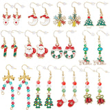 12 Pairs 12 Style Christmas Theme Alloy Dangle Earrings, Moon & Stag & Tree & Wreath with Bowknot & Candy Cane & Santa Claus & Snowflake Glove & Christmas Bell, Mixed Color, 35~69mm, Pin: 0.5~0.8mm, 1pair/style