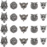 40Pcs 5 Style Tibetan Style Alloy Beads, Fox/Wolf/Lion/Leopard/Owl Head, Antique Silver, 11x11x7mm, Hole: 1.6mm, 8pcs/style