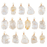 16Pcs Natural Quartz Crystal Pendants, Light Gold Plated Copper Wire Wrapped Nuggets Charms, 30~35x13~23x8~22mm, Hole: 3mm