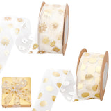 2 Rolls 2 Styles Printed Organza Ribbons, for Gift Wrapping, Valentine's Day, Wedding, Birthday Party Decorate, Hot Stamping Flower & Polka Dot Pattern, Gold, 1 inch(25mm), about 10.9yards(10m)/roll, 1 roll/style