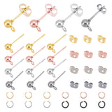 120Pcs 4 Color Iron Ball Stud Earring Findings, with Horizontal Loops & 120Pcs Ear Nuts & 120Pcs Iron Open Jump Rings, Mixed Color, 6.5x4mm, Hole: 1mm, Pin: 0.8mm, 30Pcs/color