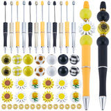 DIY Beadable Pen Making Kit, Including Wood Sunflower & Tartan Beads, Plastic Beadable Pens, Yellow, 102Pcs/bag