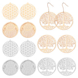 36Pcs 6 Style Rack Plating Brass Filigree Pendants Sets, Long-Lasting Plated, Flat Round with Tree of Life & Flower, Mixed Color, 31~35x30~35x0.3mm, Hole: 0.9mm, 6pcs/style
