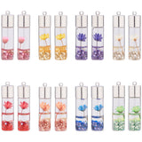 Transparent Glass Bottle Pendants, with Resin & Synthetic Gemstone & Dried Flower Inside, Brass Findings, Platinum, Mixed Color, 44x11mm, Hole: 2mm, 8colours, 2pcs/colour, 16pcs/box