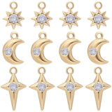 18Pcs 3 Style Brass Micro Pave Cubic Zirconia Charms, Nickel Free, Real 18K Gold Plated, Mixe Shape, Clear, 8.5~14x7~8x2.5mm, Hole: 1~1.2mm, 6pcs/style