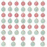 Golden Plated Alloy Enamel Charms, Enamelled Sequins, Flat Round with Alphabet, Letter A~Z, Turquoise & Flamingo, Golden, 14x12x2mm, Hole: 1.5mm, 26pcs/set, 2colors, 1set/color, 2sets/box, 52pcs/box