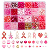 DIY Pink Ribbon Breast Cancer Awareness Theme Jewelry Making Finding Kit, Including Seed & Glass Pearl & Polymer Clay & Acrylic Heart & Rhinestone Spacer Beads, Alloy Enamel Pendants, Pink, 1761Pcs/box