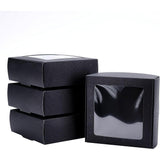 Paper Candy Boxes, Bakery Box, with PVC Clear Window, for Party, Wedding, Baby Shower, Square, Black, 9.5x9.5x3.5cm