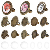 DIY Blank Dome Finger Rings Making Kit, Including Bowknot & Flower & Oval Adjustable Alloy Ring Settings, Glass Cabochons, Antique Bronze, 20Pcs/bag