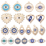 40Pcs 10 Styles Evil Eye Alloy Enamel Pendants, with Crystal Rhinestone, Flower & Flat Round & Heart & Sun Charms, Light Gold, 14~21.5x12~21.5x1.5~3.5mm, Hole: 1.5~2mm, 4Pcs/style