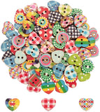 Printed Wooden Buttons, 2-Hole, Heart, Mixed Color, 13x15x2.5mm, Hole: 1.5mm, 100pcs/box