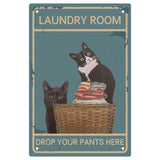 Iron Sign Posters, for Home Wall Decoration, Rectangle with Word Laundry Room Drop Your Pants Here, Cat Pattern, 300x200x0.5mm