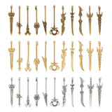 66Pcs 3 Colors Zinc Alloy Pendants Set, Sword Shape, Mixed Color, 59~59.5x9~18.5x2.5~5.5mm, Hole: 1.6mm, 2pcs/color