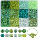 9600Pcs 12 Style Glass Seed Beads, Frosted Colors & Transparent & Solid Colour, Round, Green, 1.5~3mm, 800Pcs/style