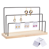 Iron 3-Tier Earring Display Organizer Holder, Earring Display Tower for Hanging Earrings, with Wood Pedestal and Display Cards, Electrophoresis Black, 33x11.7x20.4cm
